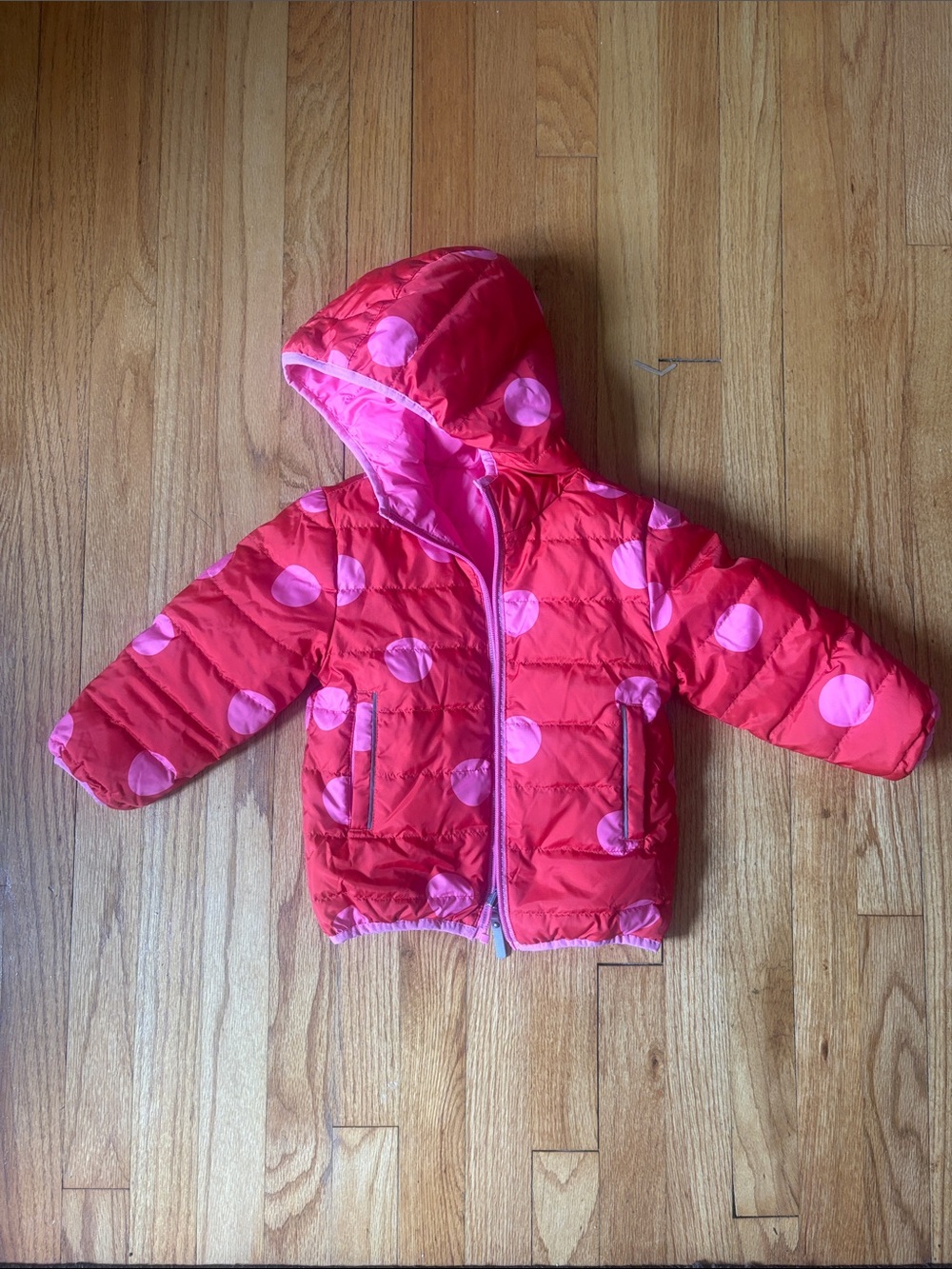 Hanna Andersson Red Pink Reversible Hooded Puffer Coat Jack with Pink Polka Dots